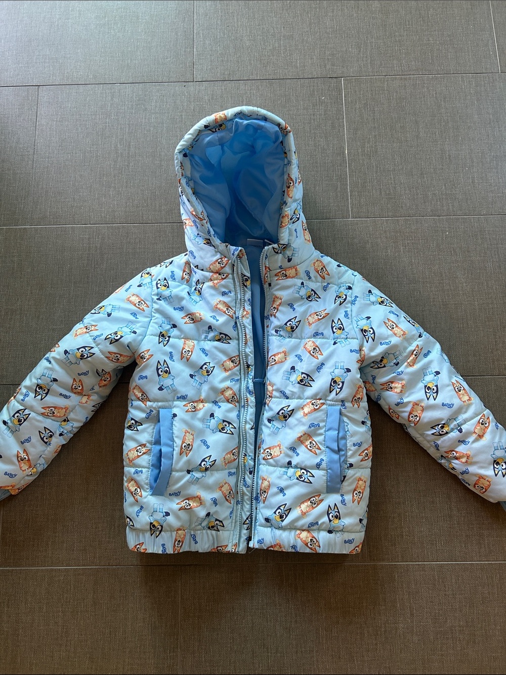 Kids Light Blue Hooded Puffer Jacket with Bluey Print